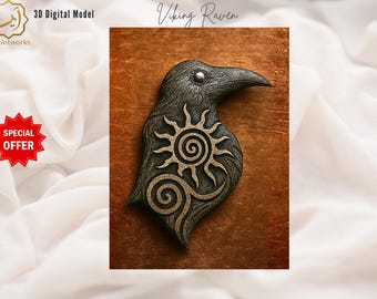 May include: A 3D digital model of a Viking raven, with the text "Viking Raven" at the top. The raven is dark gray with a gold sun and spiral design on its chest. The background is a copper-colored square.