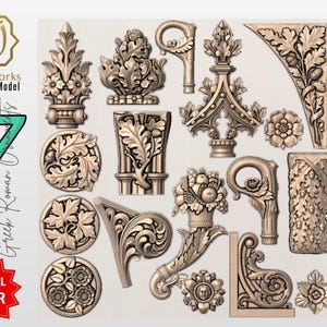 May include: A collection of 17 Greek Roman architectural 3D digital models in a bronze color. The models include floral and leaf designs, decorative elements, and corner pieces. The image also includes the text "AyatArtworks 3D Digital Model" and "Special Offer".