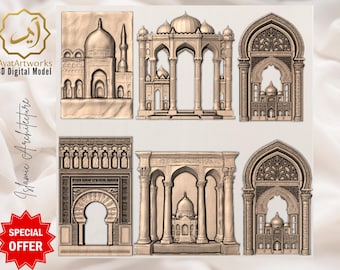 May include: A collection of 3D digital models of Islamic architecture, featuring detailed carvings of mosques, arches, and domes. The models are in a warm, neutral color, with the text "AyatArtworks 3D Digital Model" and "Islamic Architecture". A red starburst reads "SPECIAL OFFER".