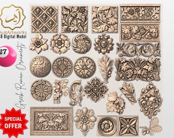May include: A collection of 3D digital models of Greek Roman ornaments. The ornaments are in various shapes, including squares, circles, and floral designs. The color is a light beige. The image includes the text "AyatArtworks 3D Digital Model" and "Greek Roman Ornaments".