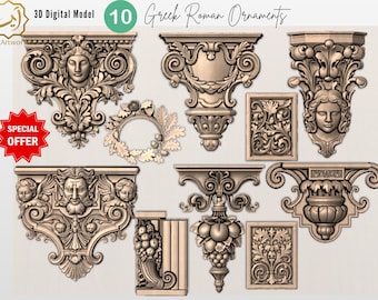 May include: A collection of ten 3D digital models of Greek and Roman ornaments. The ornaments are in a neutral color and feature detailed carvings of faces, foliage, and architectural elements. The image includes the text "Greek Roman Ornaments" and "Special Offer".