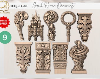 May include: A collection of nine 3D digital models of Greek and Roman ornaments. The ornaments include floral designs, a castle, a bust, and decorative architectural elements. The image includes the text "Greek Roman Ornaments" and "3D Digital Model".