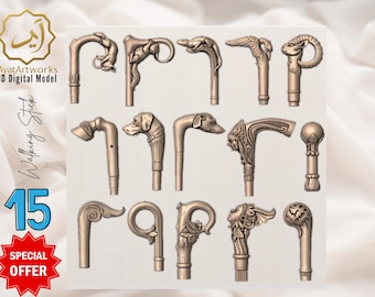 15 Walking Stick Handle STL Bundle | 3D Print Cane Handles | Instant Digital Download | Unique Staff/Canes Topper Designs | CNC Laser STL