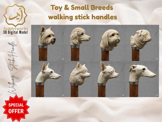 Dog Walking Stick Handle 3D– CNC Router 3D Print Files-Chihuahua, Greyhound, Pinscher, Pomeranian, Pug, Shih Tzu, Poodle, Yorkshire Terrier