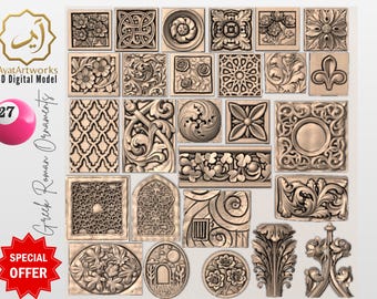 May include: A collection of 3D digital models of Greek Roman ornaments. The ornaments feature various designs, including floral patterns, geometric shapes, and classical motifs. The image includes the text "AyatArtworks 3D Digital Model" and "Greek Roman Ornaments".