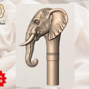 Pu&ograve; includere: Modello digitale 3D di una testa di elefante, progettato come manico di bastone da passeggio. Il manico &egrave; di colore marrone chiaro, con la testa dell'elefante dettagliata con zanne e pelle strutturata. Il testo "AyatArtworks 3D Digital Model" &egrave; visibile.