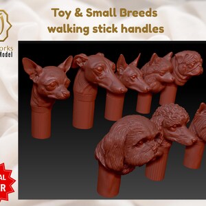 May include: A collection of brown walking stick handles featuring detailed dog head sculptures. The image includes a Chihuahua, Greyhound, and other dog breeds. Text on the image reads "Toy & Small Breeds walking stick handles."