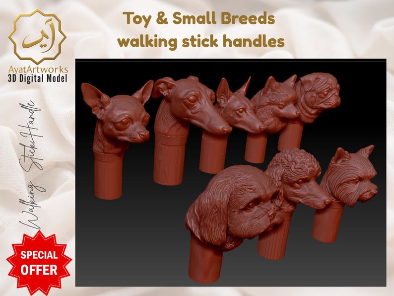 May include: A collection of brown walking stick handles featuring detailed dog head sculptures. The image includes a Chihuahua, Greyhound, and other dog breeds. Text on the image reads "Toy & Small Breeds walking stick handles."