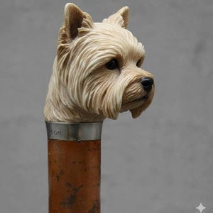 May include: A walking cane with a carved dog head handle. The dog head is a light beige color with detailed fur and dark eyes. The handle is brown with a silver band that reads "SGN."