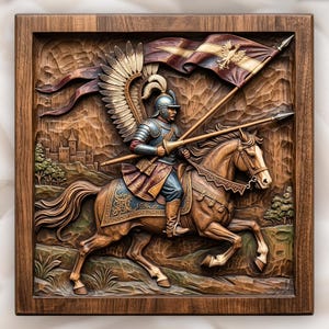 Figura en relieve CNC de un caballero húsar alado polaco cargando / Diseño histórico de tallado en madera de guerrero / Panel de arte mural con escena épica de batalla de caballería