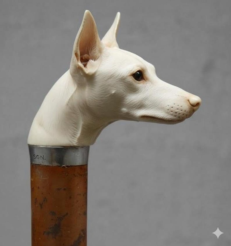May include: A walking cane with a white dog head handle. The dog head is detailed with visible eyes, nose, and ears. The cane's shaft is brown with a silver band at the base of the dog head. The text "SGN." is visible on the silver band.