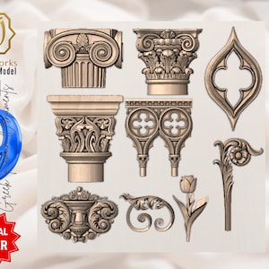 May include: A collection of nine 3D digital model elements in a light brown color, including architectural details like column capitals, decorative panels, and floral motifs. The image includes text that says "AyatArtworks 3D Digital Model" and "Special Offer".