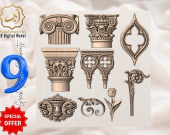 Gothic Columns and Capitals Ornaments (9 STL) – Printable/cnc