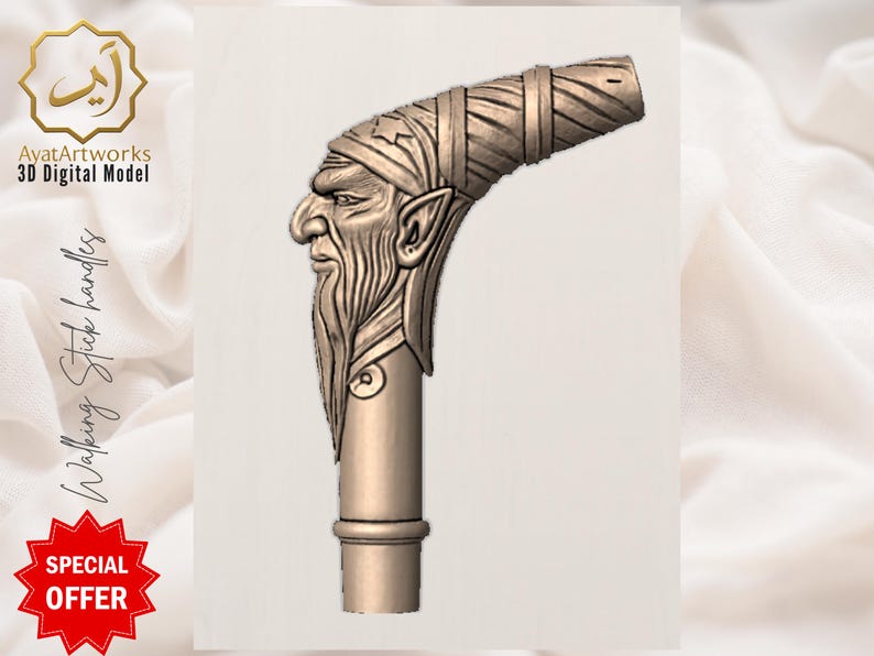 Pu&ograve; includere: Modello digitale 3D di un'impugnatura per bastone da passeggio, marrone chiaro. Raffigura il volto dettagliato di un uomo anziano con lunga barba e turbante. Il testo "AyatArtworks 3D Digital Model" &egrave; visibile, insieme a "Walking Stick Handles".