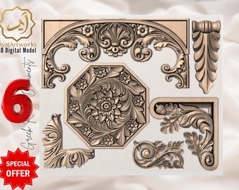 May include: A collection of six intricately carved, bronze-colored Greek-style ornaments. The designs include floral patterns, scrolls, and architectural elements. The image also includes text that says "AyatArtworks 3D Digital Model" and "Greek & Ornaments". A red "6" and a "Special Offer" badge are also present.