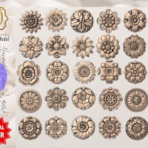 Puede incluir: Colección de 25 ornamentos greco-romanos con diseños florales y circulares, en color oro metálico. La imagen presenta diseños detallados. El texto incluye "AyatArtworks 3D Digital Model" y "Greek Roman Ornaments".