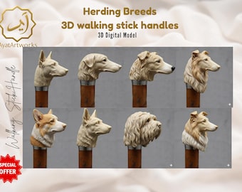 May include: A collection of 3D walking stick handles featuring detailed dog head sculptures. The handles are brown with silver accents, and the dog breeds include various herding breeds. The image includes the text "Herding Breeds" and "3D walking stick handles".