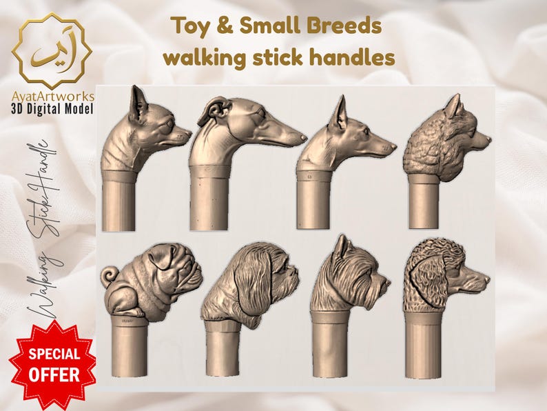May include: A collection of 3D-modeled walking stick handles featuring various dog breeds. The handles are in a neutral color and include a Chihuahua, Greyhound, and Pug. The image includes the text "Toy & Small Breeds walking stick handles."