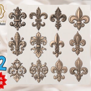 Op de afbeelding: Een verzameling van twaalf 3D digitale modellen van fleur-de-lis ontwerpen in bronskleur. De afbeelding bevat de tekst "AyatArtworks 3D Digital Model", "Fleur de lis", "12" en "SPECIAL OFFER".