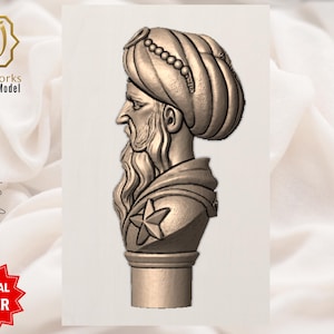 Pu&ograve; includere: Modello digitale 3D di un busto di uomo con turbante e lunga barba, progettato per manici di bastone da passeggio. Il busto &egrave; di colore marrone chiaro e presenta una stella sulla spalla. L'immagine include il testo "AyatArtworks 3D Digital Model" e "Walking Stick Handles".