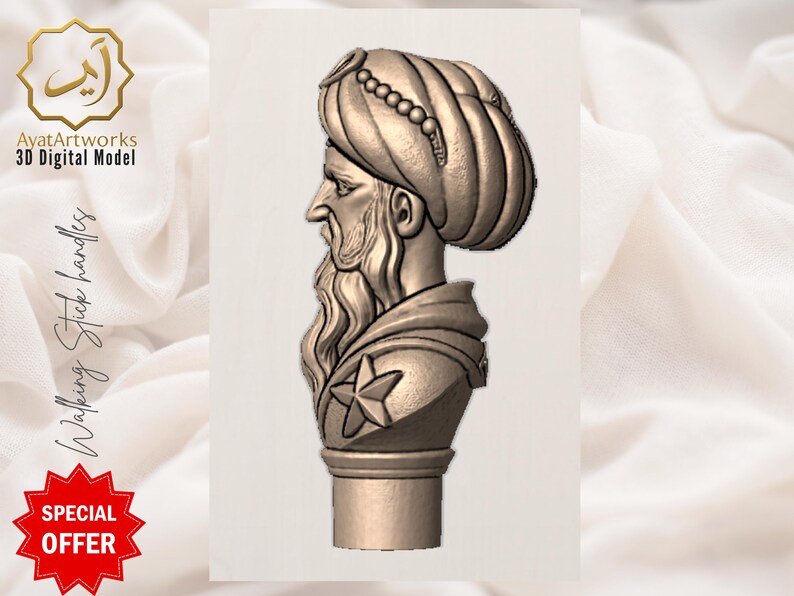 Pu&ograve; includere: Modello digitale 3D di un busto di uomo con turbante e lunga barba, progettato per manici di bastone da passeggio. Il busto &egrave; di colore marrone chiaro e presenta una stella sulla spalla. L'immagine include il testo "AyatArtworks 3D Digital Model" e "Walking Stick Handles".