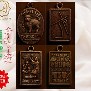 May include: A collection of four bronze-colored religious pendants. One pendant features a lamb with the text "he left the 99 TO FIND ME Matthew 18:12-14." Other pendants have religious imagery and text. The image also includes the text "3D Digital Model Religious Pendants."