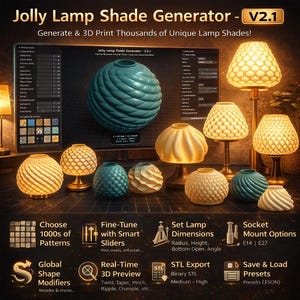 May include: An image showcasing various 3D-printed lamp shades in different designs and colors, with the text "Jolly Lamp Shade Generator - V2.1" at the top. The image also displays a computer screen with a 3D model of a lamp shade and several icons with text.