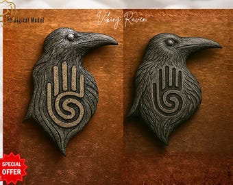 May include: Two detailed raven sculptures, each with a hand-like symbol, are displayed against a brown background. The ravens are dark gray with textured details, and the symbol is a lighter tan color. The text "Viking Raven" is written in a cursive font.