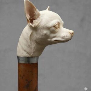 May include: A cream-colored walking cane featuring a detailed sculpture of a Chihuahua's head. The dog's head is atop a brown wooden shaft with a silver band. The cane is a unique accessory.