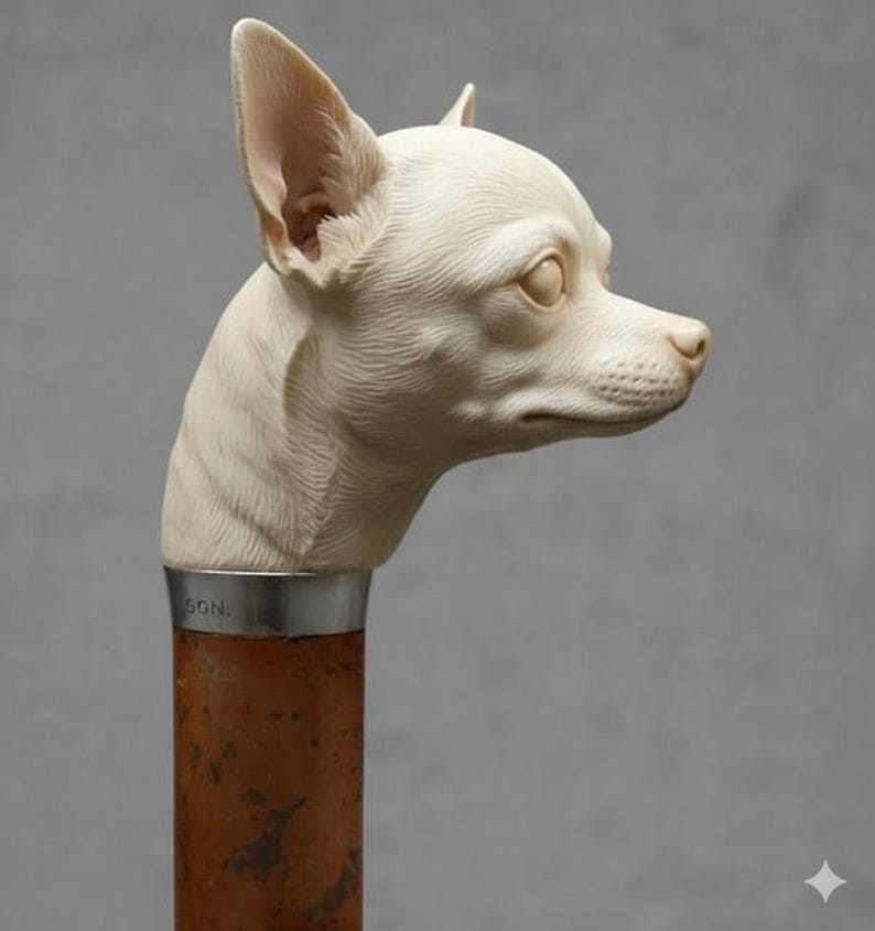 May include: A cream-colored walking cane featuring a detailed sculpture of a Chihuahua's head. The dog's head is atop a brown wooden shaft with a silver band. The cane is a unique accessory.