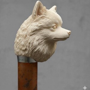 May include: A detailed, cream-colored fox head sculpture atop a brown and silver cane. The fox head is intricately carved, showcasing fur texture and facial features. The cane's handle is a detailed sculpture of a fox's head.
