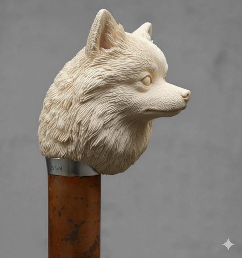 May include: A detailed, cream-colored fox head sculpture atop a brown and silver cane. The fox head is intricately carved, showcasing fur texture and facial features. The cane's handle is a detailed sculpture of a fox's head.