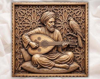 May include: A square wooden wall relief carving depicting a person with a beard and turban sitting cross-legged on a cushion while playing an oud. A falcon is perched on a branch to the right, set against a background of intricate geometric patterns.
