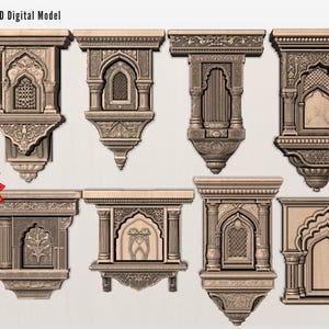 May include: A collection of eight 3D digital models of Indian Jharokas, featuring intricate architectural details. The models are in a neutral color, showcasing various designs with arches, columns, and decorative elements. The image includes the text "3D Digital Model" and "Special Offer".