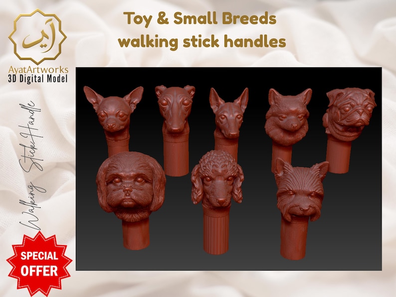 May include: A collection of brown walking stick handles featuring various dog breeds. The handles are 3D models and include breeds like Chihuahua, Poodle, and Pug. Text on the image reads "Toy & Small Breeds walking stick handles."