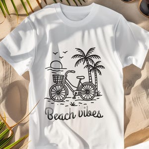 Vintage Beach Bike Line Art – Retro Summer T-Shirt Design with Palm Trees & Sun - Retro Bicycle on Beach-SVG and PNG digital file