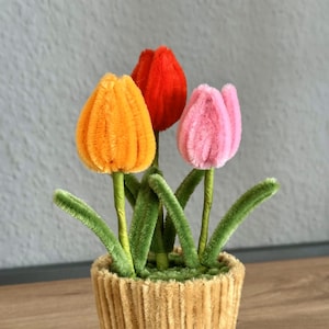Könnte beinhalten: Eine kleine Topfpflanze mit drei bunten Pfeifenputzer-Tulpen. Die Tulpen sind orange, rot und pink. Der Topf ist aus braunen Pfeifenputzern.