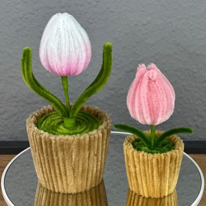 Könnte beinhalten: Zwei künstliche Tulpen in Cord-Töpfen. Eine Tulpe ist weiß und rosa, die andere rosa. Die Stiele und Blätter sind grün. Die Töpfe sind beige und haben eine gerippte Textur. Die Blumen stehen auf einer verspiegelten Oberfläche.