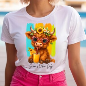 Highland Cow PNG, Cute Cow Sublimation, Brushstroke Design, Floral Highland Cow, Pop Art Glasses, Summer Animal PNG for Shirts