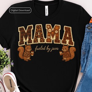 Squirrel Mama Coffee PNG: Embroidered Plaid Leopard Patchwork (Digital Download)