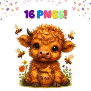 Watercolor Spring Highland Cow Clipart Set , Easter Spring Highland Cow Clipart Bundle, Baby Cow Clipart Bundle, Easter Sublimation Design