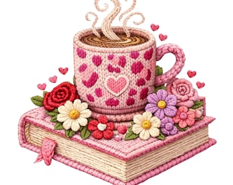 Faux Yarn Valentine Floral Png, My Valentine is My Book Sublimation Design, V-Day Book and Rose and Hearts Digital Download