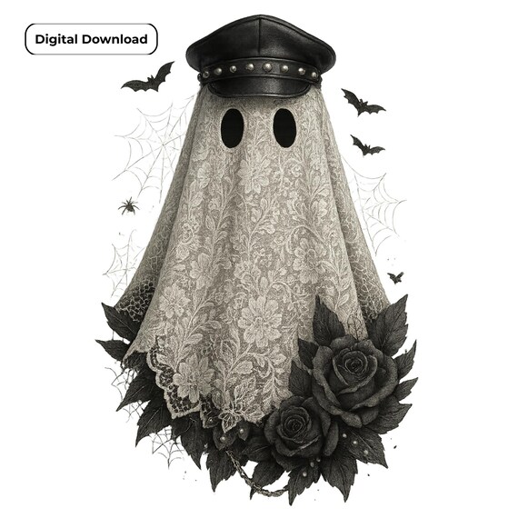 Biker Lace Ghost PNG: Gothic Halloween Clipart, Vintage Spooky (Digital Download)