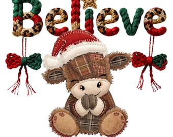 Faux Yarn PNG Leopard Print Christmas Highland Cow: Believe (Digital Download)