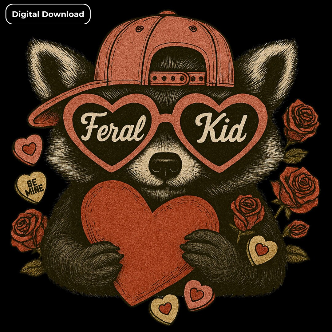 Kid Crew Raccon Feral Raccoon Kid PNG: Grunge Style Valentines Sublimation Design ...
