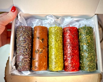 Beeswax Candles Gift Set of 5 | Botanical Home Decor Aromatherapy Pillar Candle with Essential Oils