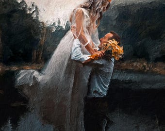 Puede incluir: Pintura artística de una pareja abrazándose al aire libre. La mujer lleva un vestido blanco y una corona de flores. El hombre la sostiene, también adornado con flores. El fondo presenta un paisaje oscuro y melancólico con árboles y agua.