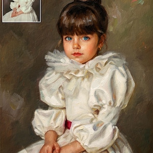 May include: Oil painting of a young child with bright blue eyes and dark brown hair styled in a bun. The child wears a white dress with puffy sleeves and a ruffled collar. A small inset image of the child is in the upper left corner.