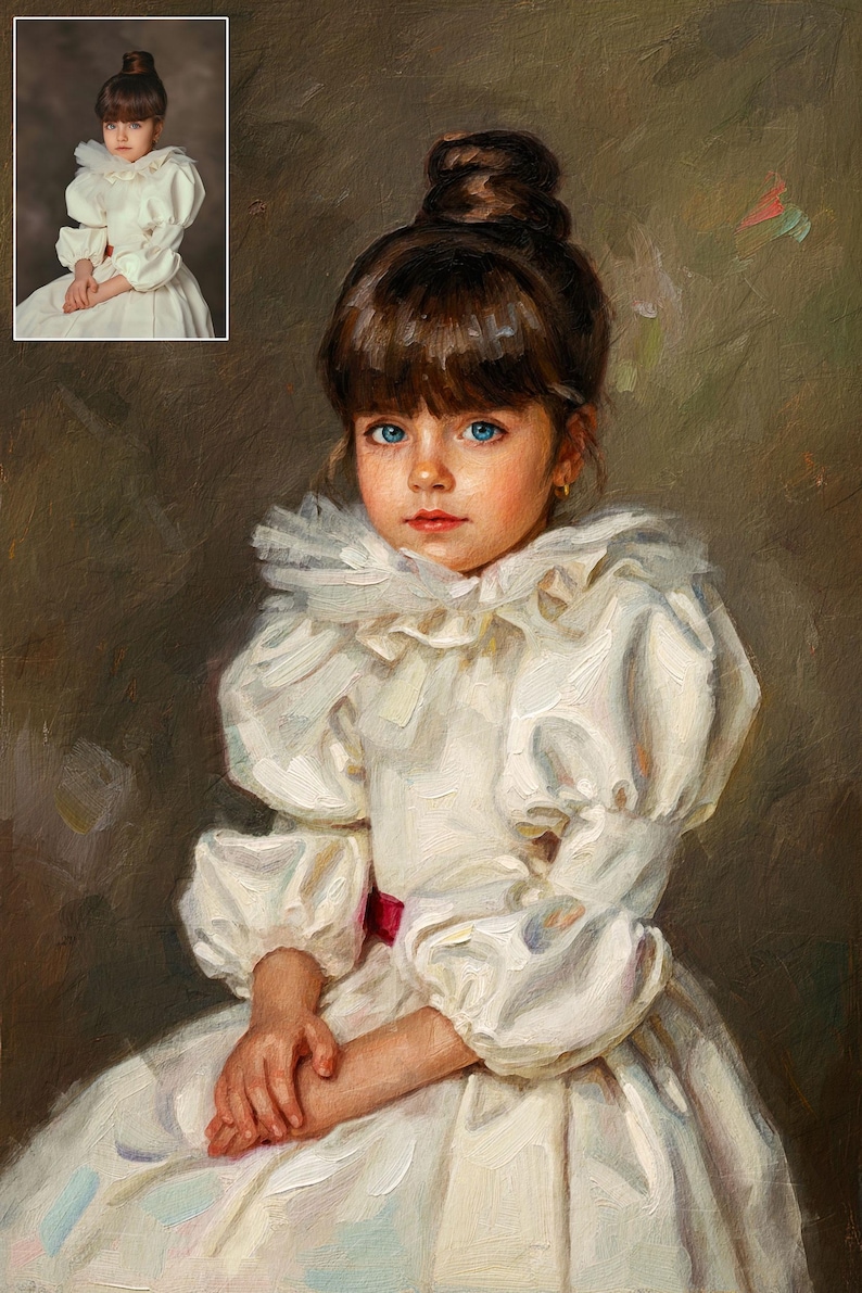 May include: Oil painting of a young child with bright blue eyes and dark brown hair styled in a bun. The child wears a white dress with puffy sleeves and a ruffled collar. A small inset image of the child is in the upper left corner.