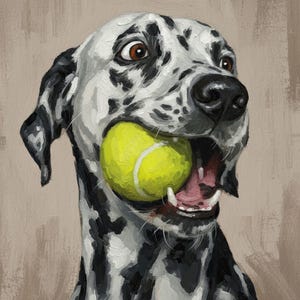 Puede incluir: Retrato pintado de un perro d&aacute;lmata con una pelota de tenis en la boca. El perro tiene manchas negras sobre un pelaje blanco, ojos marrones y una expresi&oacute;n de sorpresa. La pelota de tenis es de color amarillo brillante.